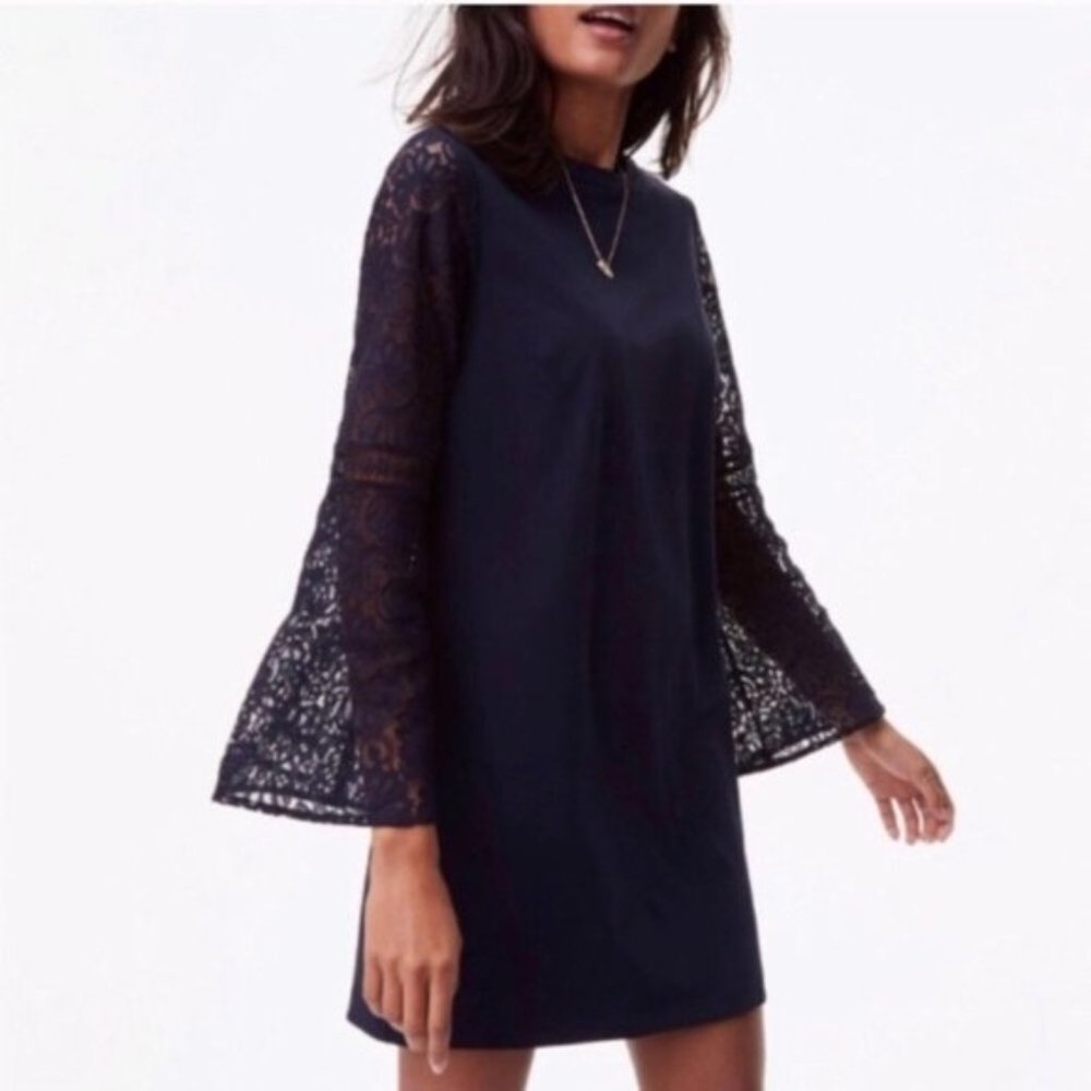 Loft Navy Blue Lace Bell Sleeve Dress